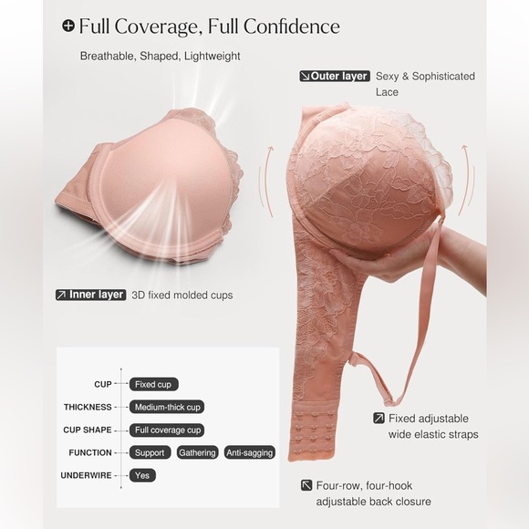 Popilush Lace Minimizer Underwire Bra Full Coverage Push Up Black 34C NEW - Picture 4 of 6